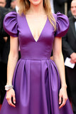 A Line Purple Satin Long Gala Dress with Puff Sleeves