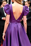 A Line Purple Satin Long Gala Dress with Puff Sleeves