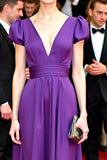 Purple A Line Ruched Long Gala Dress with Short Sleeves