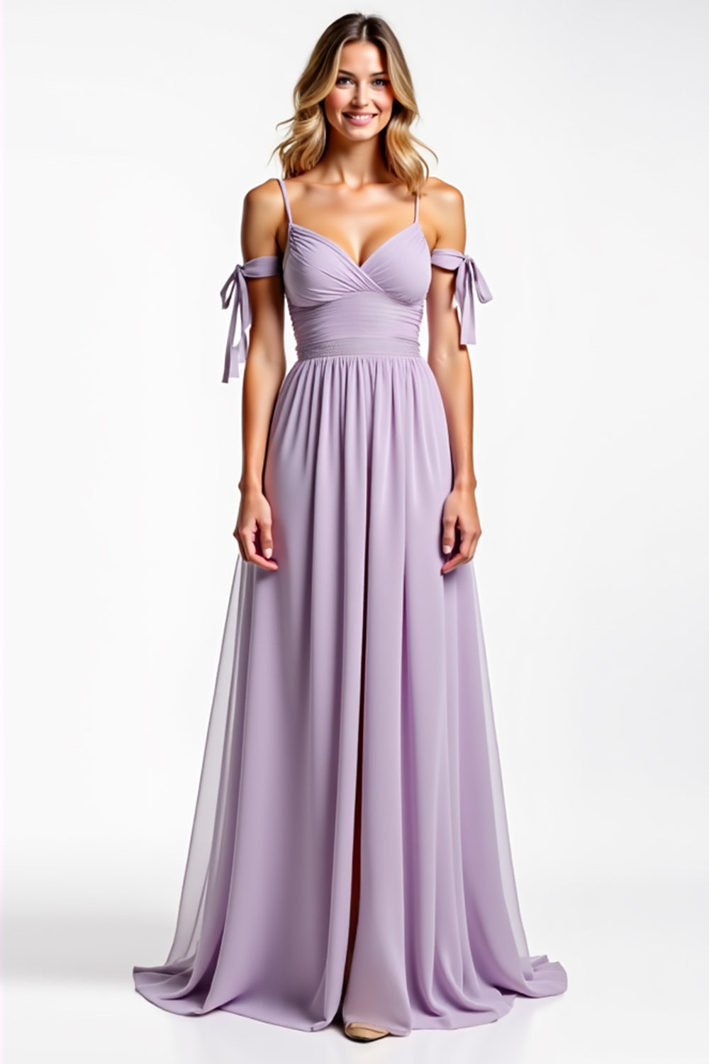 Spaghetti Straps Lilac Chiffon Long Bridesmaid Dress