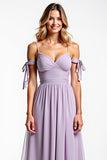 Spaghetti Straps Lilac Chiffon Long Bridesmaid Dress