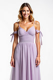 Spaghetti Straps Lilac Chiffon Long Bridesmaid Dress