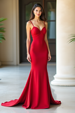 Simple Red Mermaid Satin Long Prom Dress