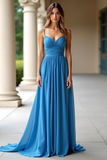 Elegant Blue Ruhed Spaghetti Straps Prom Dress