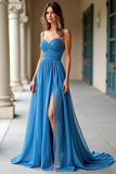 Elegant Blue Ruhed Spaghetti Straps Prom Dress