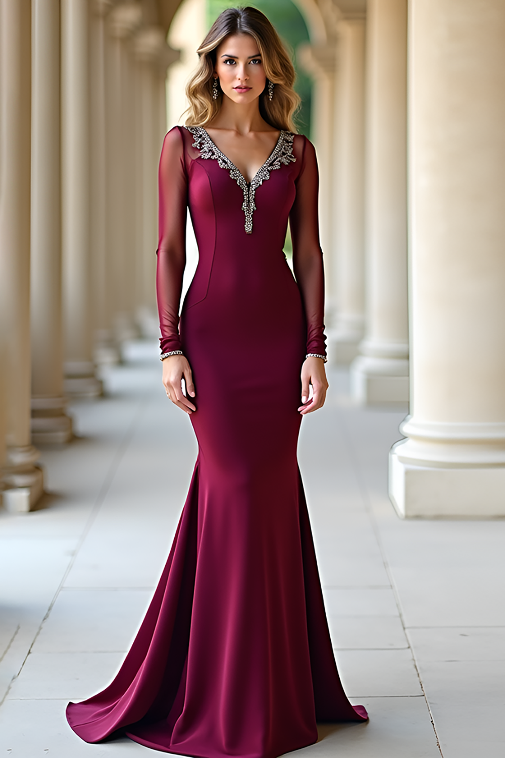 Burgundy Mermaid V-Neck Long Sleeves Prom Dress with Beadings