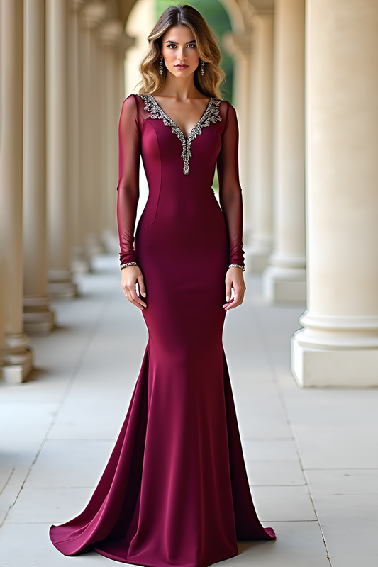 Burgundy Mermaid V-Neck Long Sleeves Prom Dress with Beadings