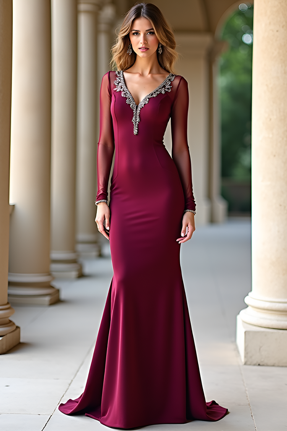 Burgundy Mermaid V-Neck Long Sleeves Prom Dress with Beadings