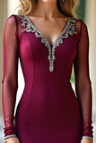 Burgundy Mermaid V-Neck Long Sleeves Prom Dress with Beadings