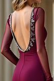 Burgundy Mermaid V-Neck Long Sleeves Prom Dress with Beadings