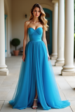 Blue A Line Sweetheart Tulle Long Prom Dress with Slit