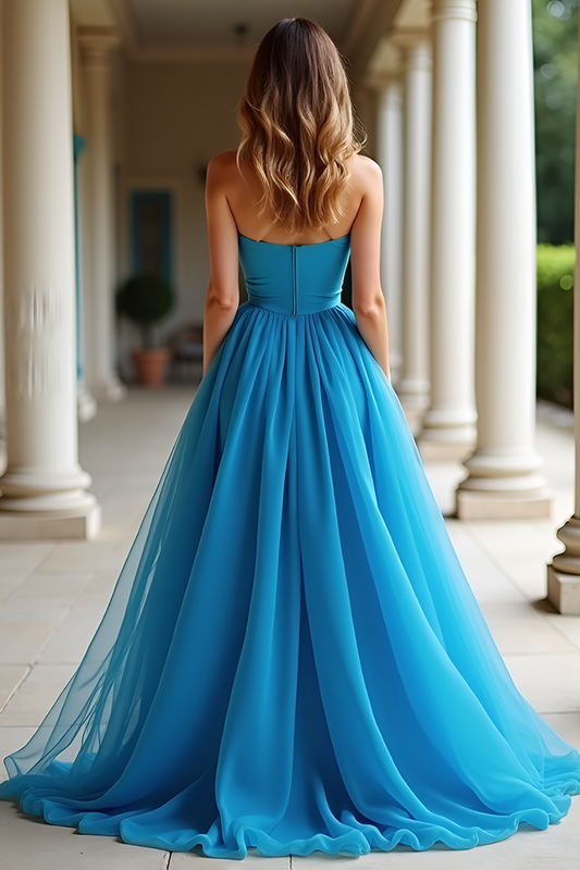 Blue A Line Sweetheart Tulle Long Prom Dress with Slit