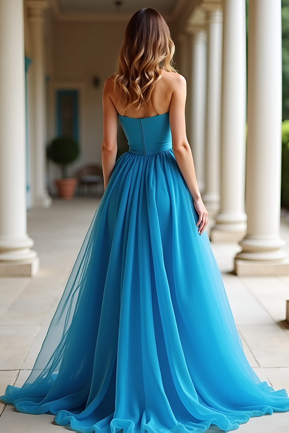 Blue A Line Sweetheart Tulle Long Prom Dress with Slit