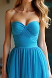 Blue A Line Sweetheart Tulle Long Prom Dress with Slit