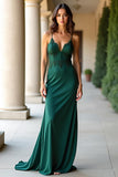 Dark Green Sheath Spaghetti Straps Satin Prom Dress with Appliques