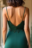 Dark Green Sheath Spaghetti Straps Satin Prom Dress with Appliques