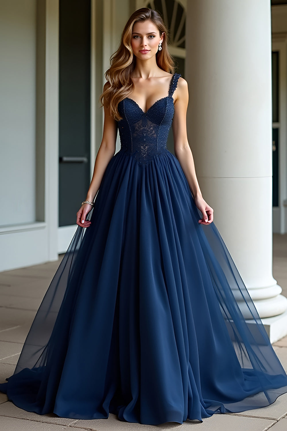 Flowy Navy A Line Long Prom Dress with Appliques