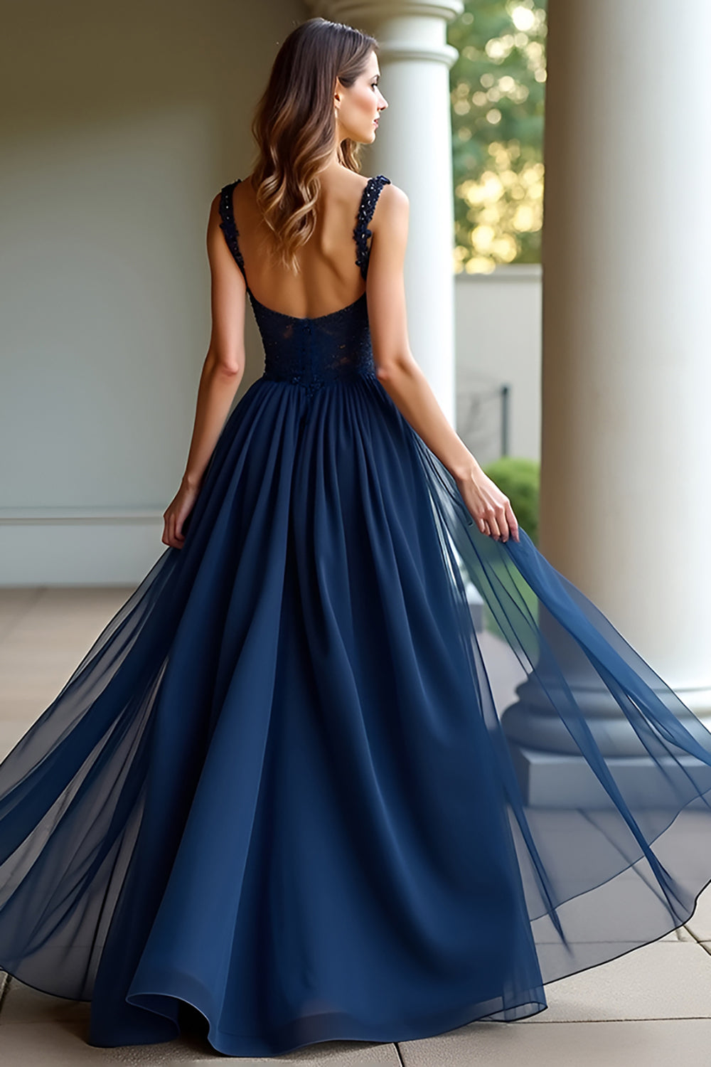 Flowy Navy A Line Long Prom Dress with Appliques