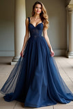 Flowy Navy A Line Long Prom Dress with Appliques