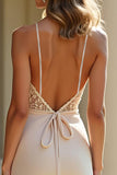 Elegant Champagne Appliqued Sheath Prom Dress with Slit