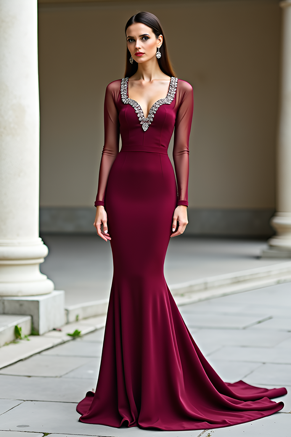 Burgundy Mermaid Long Sleeves Prom Dress with Beadings