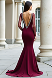 Burgundy Mermaid Long Sleeves Prom Dress with Beadings