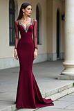 Burgundy Mermaid Long Sleeves Prom Dress with Beadings