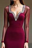 Burgundy Mermaid Long Sleeves Prom Dress with Beadings