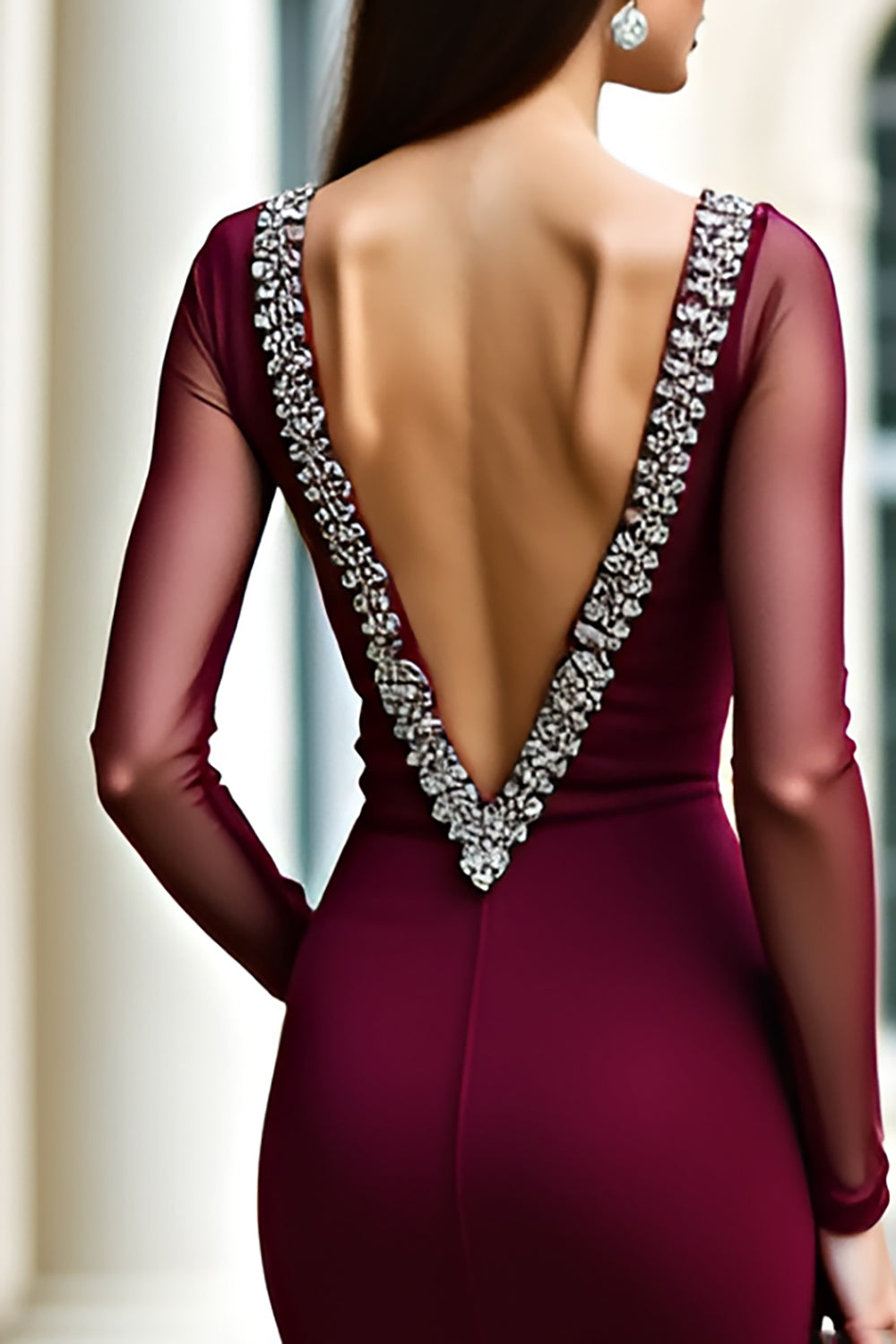 Burgundy Mermaid Long Sleeves Prom Dress with Beadings