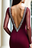 Burgundy Mermaid Long Sleeves Prom Dress with Beadings