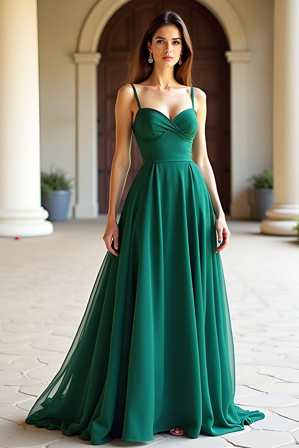 Spaghetti Straps Simple Green A Line Long Prom Dress