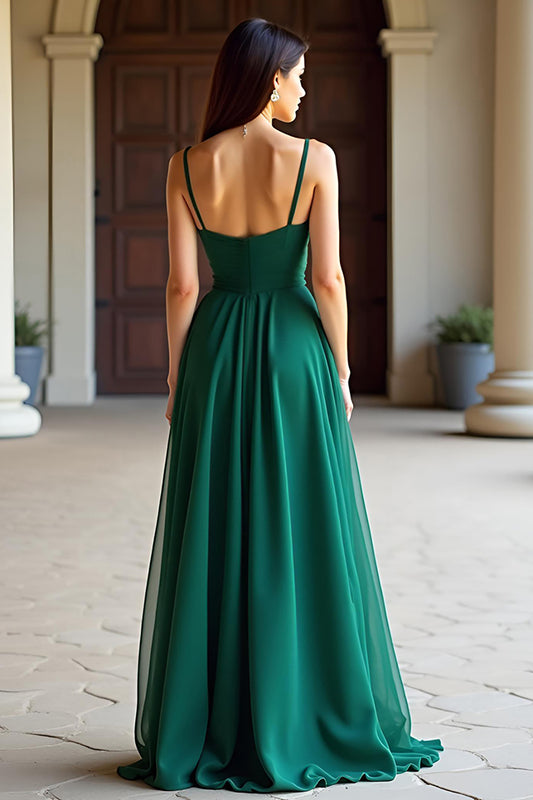 Spaghetti Straps Simple Green A Line Long Prom Dress