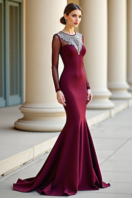 Burgundy Round Neck Mermaid Long Sleeves Prom Dress with Beadings