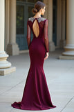 Burgundy Round Neck Mermaid Long Sleeves Prom Dress with Beadings