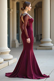 Burgundy Round Neck Mermaid Long Sleeves Prom Dress with Beadings