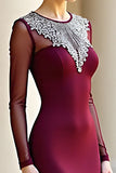 Burgundy Round Neck Mermaid Long Sleeves Prom Dress with Beadings