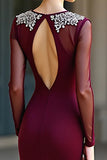 Burgundy Round Neck Mermaid Long Sleeves Prom Dress with Beadings