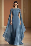 Grey Blue Sheath Chiffon Long Formal Dress with Shawl