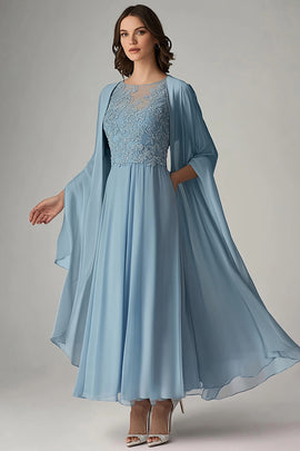 A Line Blue Scoop Long Formal Dress with Appliques