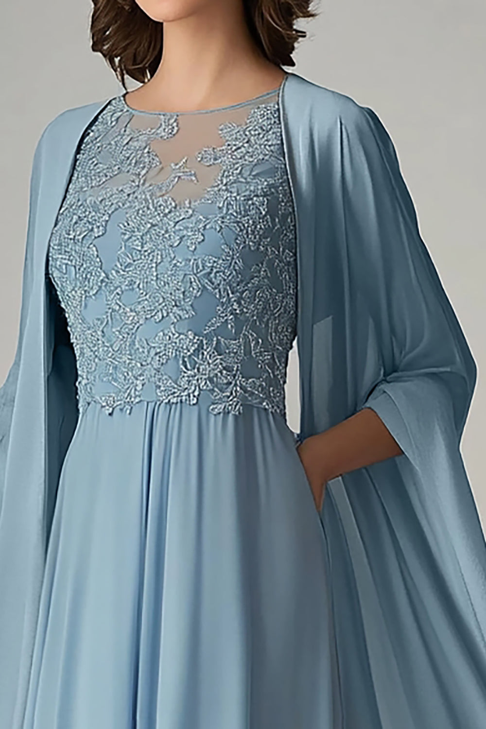 A Line Blue Scoop Long Formal Dress with Appliques