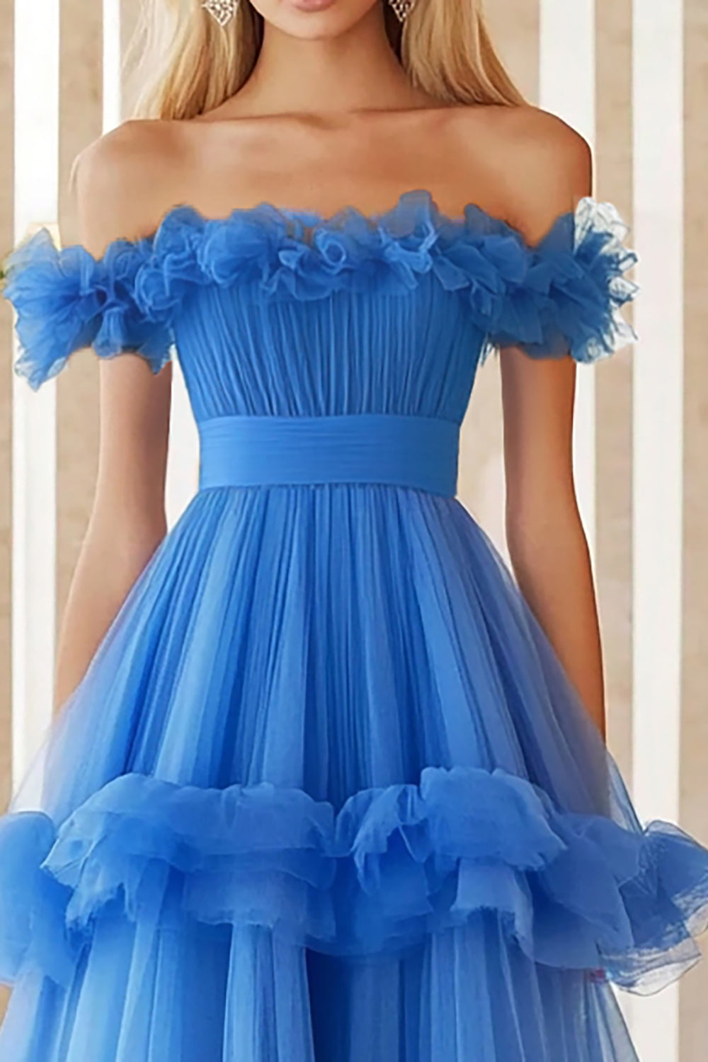 Blue Off the Shoulder A Line Long Tulle Prom Dress with Ruffles