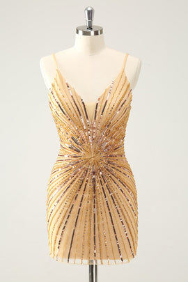 Golden Bodycon Spaghetti Straps Homecoming Dress with Sequins