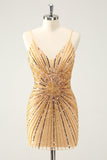 Golden Bodycon Spaghetti Straps Homecoming Dress with Sequins