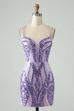 Sparkly Dark Purple Spaghetti Straps Corset Homecoming Dress with Sequins