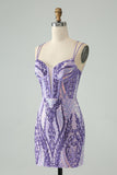 Sparkly Dark Purple Spaghetti Straps Corset Homecoming Dress with Sequins