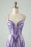 Sparkly Dark Purple Spaghetti Straps Corset Homecoming Dress with Sequins