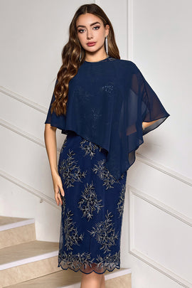 Navy Floral Chiffon Mother Dress with Cape