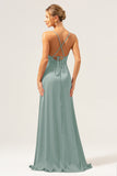 Martini Spaghetti Straps Swing Collar Long Bridesmaid Dress with Slit