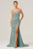 Simple Dusty Sage Spaghetti Straps Long Bridesmaid Dress with Slit