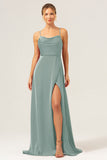 Martini Spaghetti Straps Swing Collar Long Bridesmaid Dress with Slit